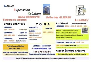 Les Ateliers Yoga,  Arts visuels, sortie Nature artistique, Danse Créative,   Na